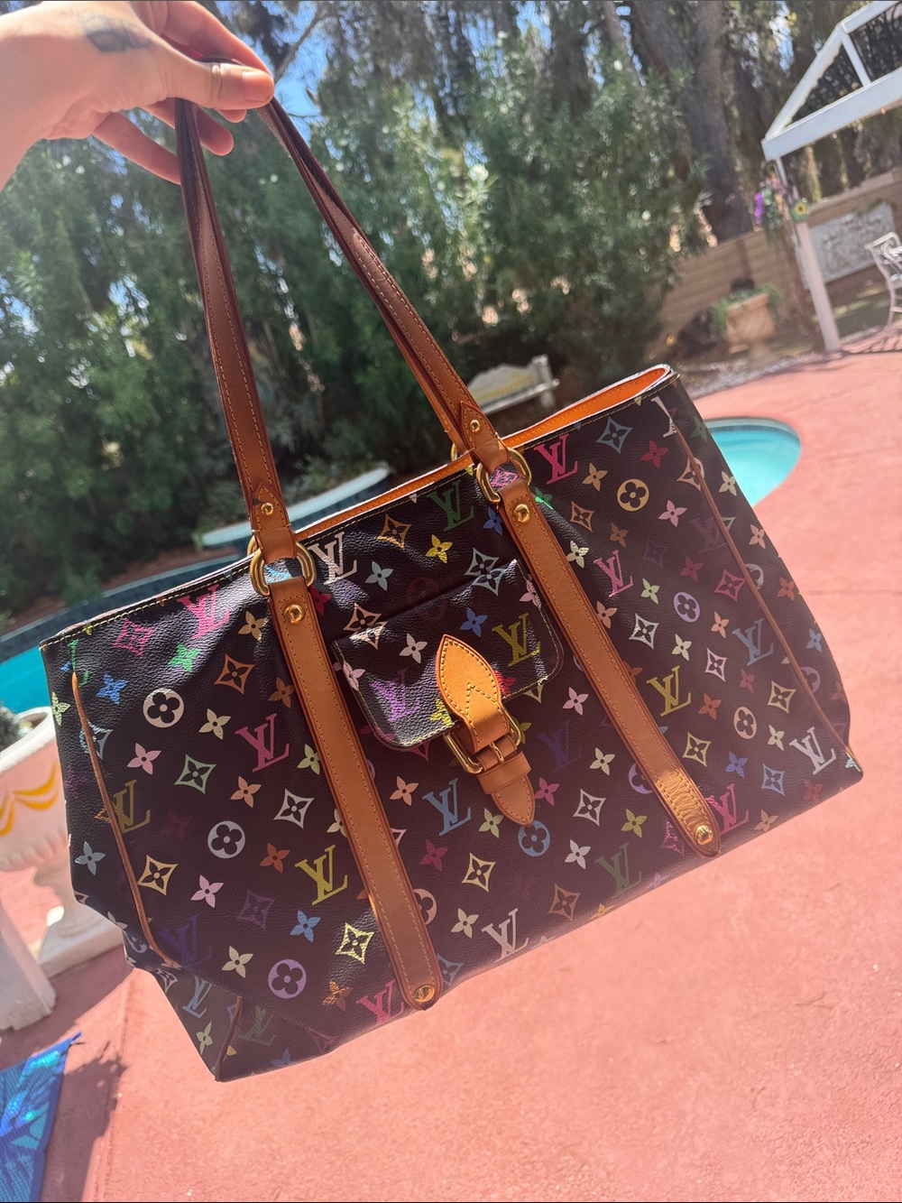 Louis Vuitton Black Multicolor Monogram Canvas Tote with Brown Trim